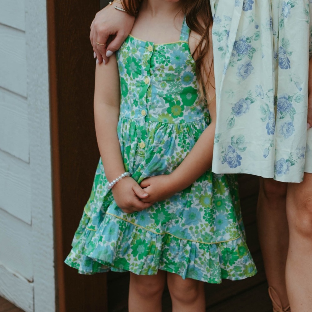 Green Floral Sundress for Kids - Sleeveless Button-Front